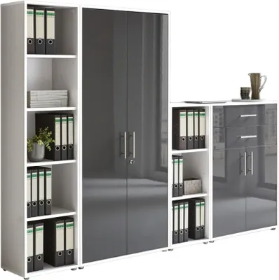 Produktbild von Aktenschrank TABOR 22 in weiß / anthrazit Hochglanz, Schrankwand, Büroschrank, abschließbar, Metallgriffe