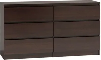 A dark brown dresser with six drawers against a white background.