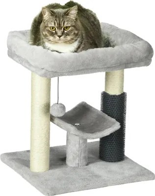 Image de Arbre à chat pour chats, en bois, quatre étages, plate-forme à balles interactives, gris, 40x40x48 cm