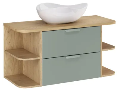 Productafbeelding van Badkamerset 100 cm, groen, met wastafelblad van eikenhout en opzetwastel