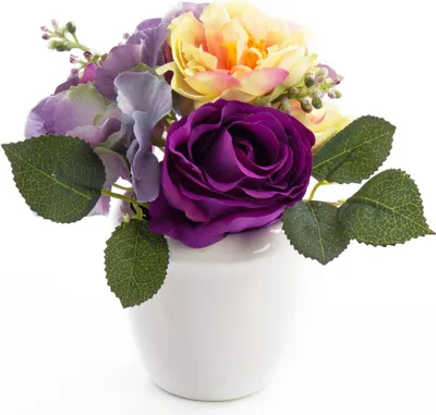 Produktbild von artplants.de Künstliches Rosen, Hortensien Gesteck Feline im Keramiktopf, Creme - lila, 20cm, Ø 23cm - Kunstblume - künstliche Blumen