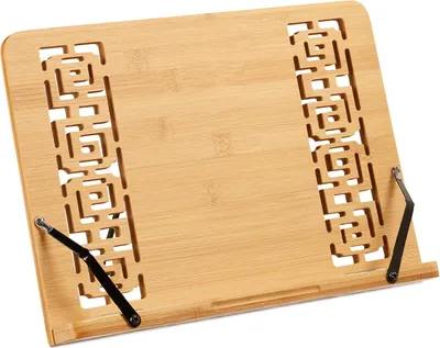 Productafbeelding van Famanu bamboe kookboekstandaard, verstelbaar in 5 standen, inklapbaar, met 2 klemmen - 24x34x21 cm