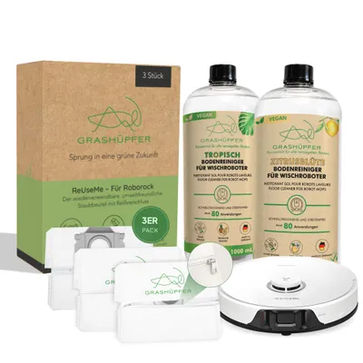 Produktbild von GRASHÜPFER® Roborock Qrevo/Saros Sorglospaket – 2x Bodenreiniger Zitrusblüte & Tropisch + 3 Wiederverwendbare Staubbeutel + 6 Waschbare Wischpads
