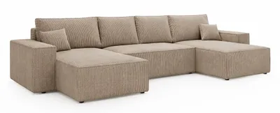 Obrázek produktu pro Rohová sedačka ANMIL, tvar U, model LAGOS, rozměry 370 × 94 x 181 cm – Kordová sedačka s funkcí rozkládacího lůžka a úložným prostorem, barva béžová