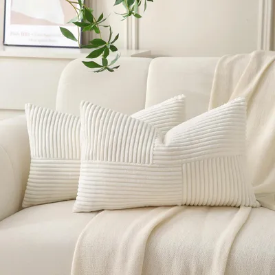 Immagine prodotto di Set di 2 federe per cuscini in velluto, 40x60 cm, color crema, stile bohémien, morbidissime
