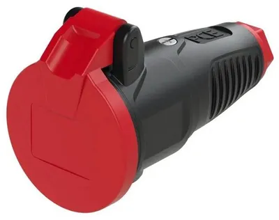 Produktbild von PC ELECTRIC Schutzkontakt-Kupplung, Vollgummi, schwarz/rot, mit Klappdeckel, IP54, 1 Stk.