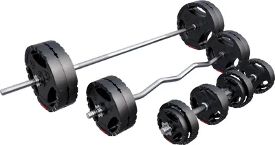 A set of barbells and dumbbells with weight plates.