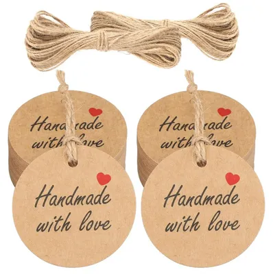 Productafbeelding van Cadeaulabels - Ronde kraftpapier hanger - Bruin - 5 x 5 cm - 100 stuks met jute koord - Voor cadeaus en handgemaakte artikelen