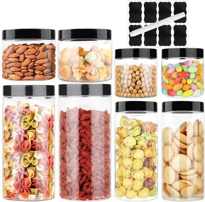 Immagine prodotto di Set di contenitori trasparenti con coperchi neri, realizzati in plastica priva di BPA, ideali per l'conservazione degli alimenti. Contiene: 8 contenitori da 0,2 litri, 2 contenitori da 0,4 litri, 2 contenitori da 0,5 litri e 2 contenitori da 1 litro. Sono ermetici e includono etichette