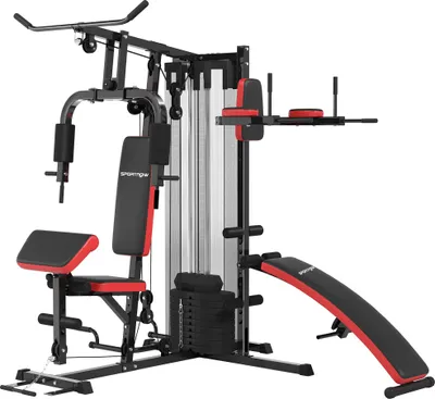 A multi-functional home gym machine with various weight stacks and attachments.