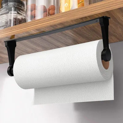 Image de Porte-rouleau de papier essuie-tout, sans perçage, 32 cm, noir ; porte-rouleau autocollant ; porte-rouleau de papier toilette, en alliage d'aluminium ; porte-rouleau pratique à installer sous les placards de cuisine et dans la salle de bains