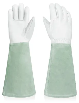 Produktbild von Intra-FIT Gartenhandschuhe aus Leder,Dornenfeste Lange Rosenhandschuhe mit Ziegenleder-Handfläche und Rindleder-Stulpe für Garten, Rosen, Sträucher & Obstbäume(Weiß,L)