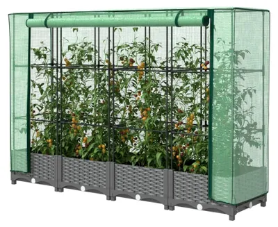 Produktbild von Hochbeet mit Gewächshausabdeckung in Rattanoptik 160x40x123cm