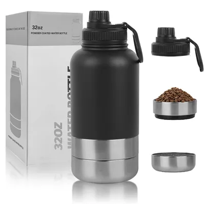 3-in-1 Hundetrinkflasche 946 ml Edelstahl isoliert mit 2 Schalen