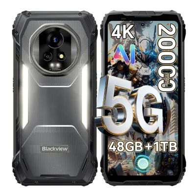 A split image showing the front and back of a rugged smartphone, with promotional text and graphics overlaid on the front view.