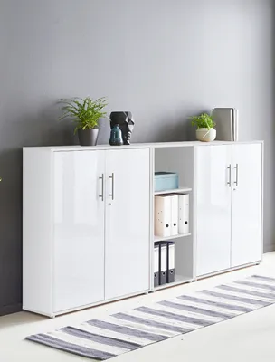 Immagine prodotto di BMG Möbel: parete a scaffali/armadi con serratura, set Office Edition 8, bianco / bianco lucido