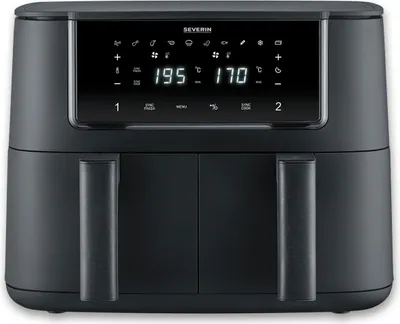 A front view of a black dual-basket air fryer with a digital display.