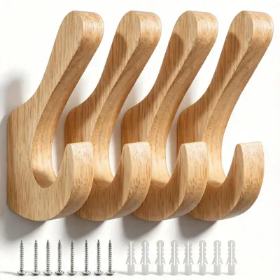 Wandhaken aus Holz, 4 Stück, Doppelhaken, Eiche, mit Schrauben und Dübeln