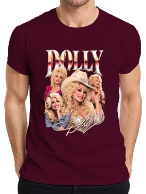 Zdjęcie produktu dla Koszulka męska z motywem Dolly Parton, ikony country, w stylu westernowym, kolor burgundowy, rozmiar S