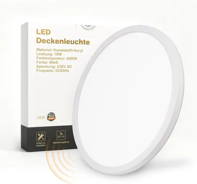 Image de Plafonnier LED ZMH avec détecteur de mouvement pour intérieur, 18 W, plat, 4000 K, rond, détecte les personnes immobiles, pour couloir, salle de bain, escalier, balcon, Φ29 cm
