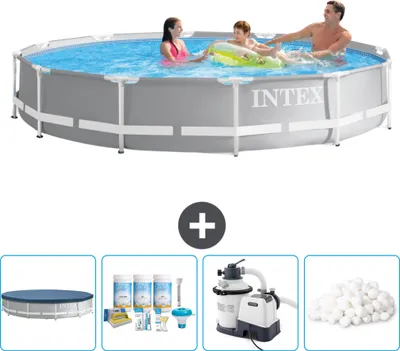Immagine prodotto di Piscina Intex con struttura a prisma rotondo - 366 x 76 cm - grigio - include copertura - pacchetto manutenzione - pompa filtro per piscina - sfere filtranti