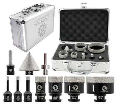 Productafbeelding van Diamantboormachine set, 10-delig, 6-68 mm, met spindelboormachine en schuine boor voor steen en kwarts