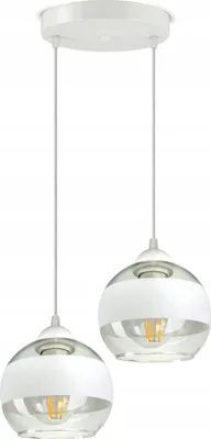 A white ceiling lamp with two glass globes.