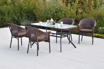Obrázek produktu pro Merxx "Ravenna" set 9 ks, 4 stohovatelné židle, 4 sedáky, stůl 150 x 85 cm, hnědá barva, hliník/plastové proutí