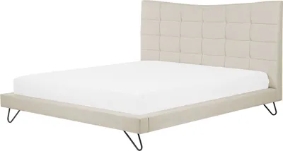 Produktbild von BELIANI Polsterbett Beige Stoffbezug in Leinenoptik mit Lattenrost 160 x 200 cm Hohes Kopfteil Gesteppt Schwarze Metallbeine Skandi Modern Doppelbett