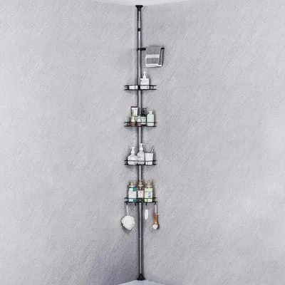 Imagen del producto de Estante de ducha telescópico Unyqoos® de 190–310 cm, estante de esquina ajustable en altura sin necesidad de taladrar, acero inoxidable , con 4 cestas, 4 ganchos y 1 soporte para toallas giratorio de 360°