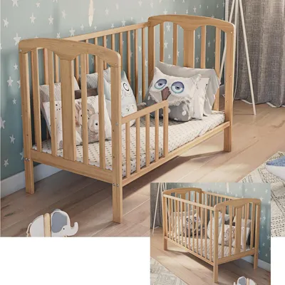 Immagine prodotto di Lettino per bambini Sofia 60x120 cm – colore naturale, con sponda laterale e materasso in schiuma