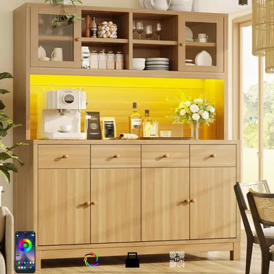 Produktbild von MODFU Hochschrank,140×38.5×180cm,Küchenschrank mit LED-Beleuchtung,Stauraumschrank mit Glastüren,Schubladen und verstellbare Einlegeböden,Natur