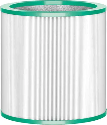 A cylindrical air filter with white pleated material and green top and bottom rims.