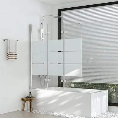 Produktbild von Glas Duschwand für Badewanne 130x140cm Faltbar 3-teilig Duschabtrennung, Gestreift Glas Badewannenaufsatz Duschtrennwand aus 6mm Sicherheitsglas, Dreiteilige Duschtrennwand