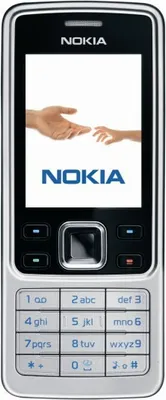 A Nokia 6300 mobile phone is shown front-on against a white background. The screen displays the Nokia logo and an image of two hands reaching out to each other.