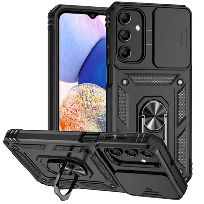 Immagine prodotto di Custodia per Samsung Galaxy A15 a doppio strato con copertura scorrevole della fotocamera e supporto ad anello nero