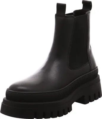 A single black leather Chelsea boot with a thick lug sole is shown against a white background.
