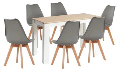 Obrázok produktu pre Jedálenská zostava: stôl a 6 stoličiek, obdĺžnikový tvar, kombinácia dreva (dub) a farby bielej, rozmer stola 120 cm, farba stoličiek: sivá