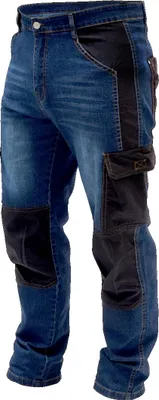 A pair of work jeans with denim and black fabric panels.