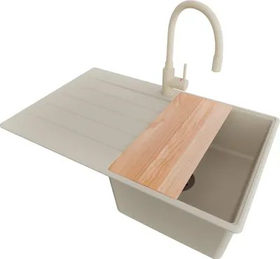 Produktbild von PRIMAGRAN Granitspüle Beige 78x50cm, Spülbecken 1 Becken + Küchenarmatur 38x14cm + Ablauf-Set + Schneidebrett, Küchenspüle ab 45er Unterschrank - Kopenhagen