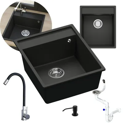 Produktbild von GRANMASTER Magma Granitspülbecken Komplett-Set Flexiblen Wasserhahn, Siphon, Seifenspender – 1-komoriger Spülbecken kratzfest hitzebeständig modernes
