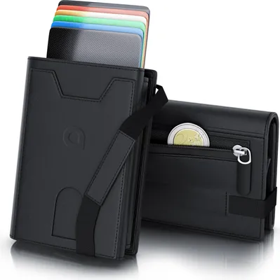 Immagine prodotto di Custodia per carte di credito Aplic RFID in pelle e alluminio, custodia per 8-12 carte di credito con tasca per monete, protezione NFC, protezione RFID, portafoglio robusto e compatto