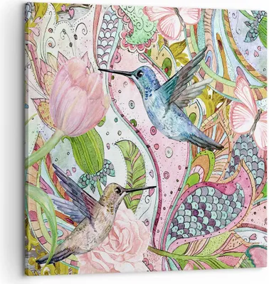 Produktbild von Bild auf Leinwand - Leinwandbild - Vogel Schmetterling Blume - 60x60cm - Wand Bild - Wanddeko - Leinwanddruck - Bilder - Kunstdruck - Wanddekoration - Leinwand bilder - Wandkunst - AC60x60-4065
