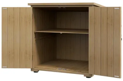 Immagine prodotto di Armadietto da giardino in legno per attrezzi da giardinaggio | Colore: legno naturale | Dimensioni: 88x77,5x83/90 cm