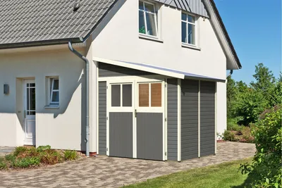 Produktbild von Karibu Gartenhaus Gerätehaus Bomlitz 2 terragrau 238x181x243 cm