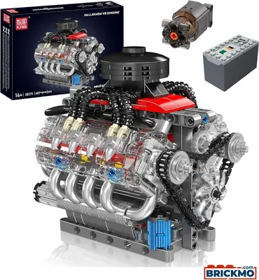 A detailed model of a V8 engine, along with its packaging and some additional components, displayed against a white background.