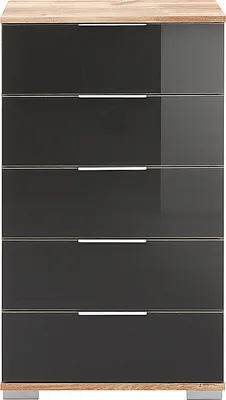 Produktbild von Schlafzimmer Schubkastenkommode in Plankeneiche Nb. mit grauem Glas ELSTRA-43, B/H/T ca. 49/102/41 cm