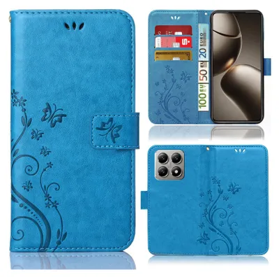 A collage of images showing a blue phone case with a floral and butterfly design.