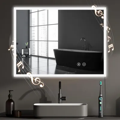 Produktbild von YOLEO Badspiegel, 3-farbig dimmbare LED Badezimmerspiegel, Anti-Beschlag, mit Bluetooth und seitlicher Steckdose 60*80 cm