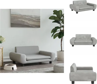 A collage of images showing a light gray velvet dog bed from different angles, including a lifestyle shot in a living room setting.